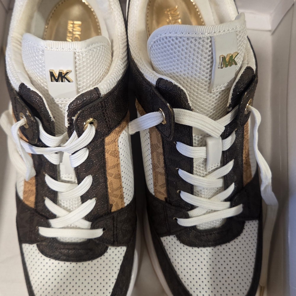 Michael Kors Women's White and Dark Brown Sneakers with Gold Details